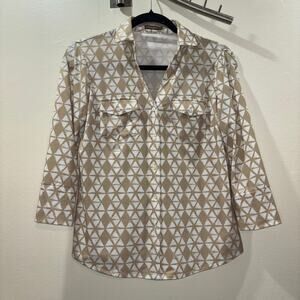 J McLaughlin Brynn Button Down 3/4 Sleeve Top- Tan and White Size XS
